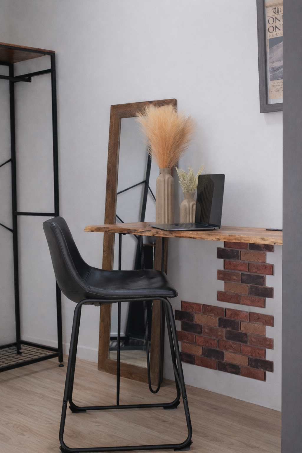 Live-edge desk with brick accent wall