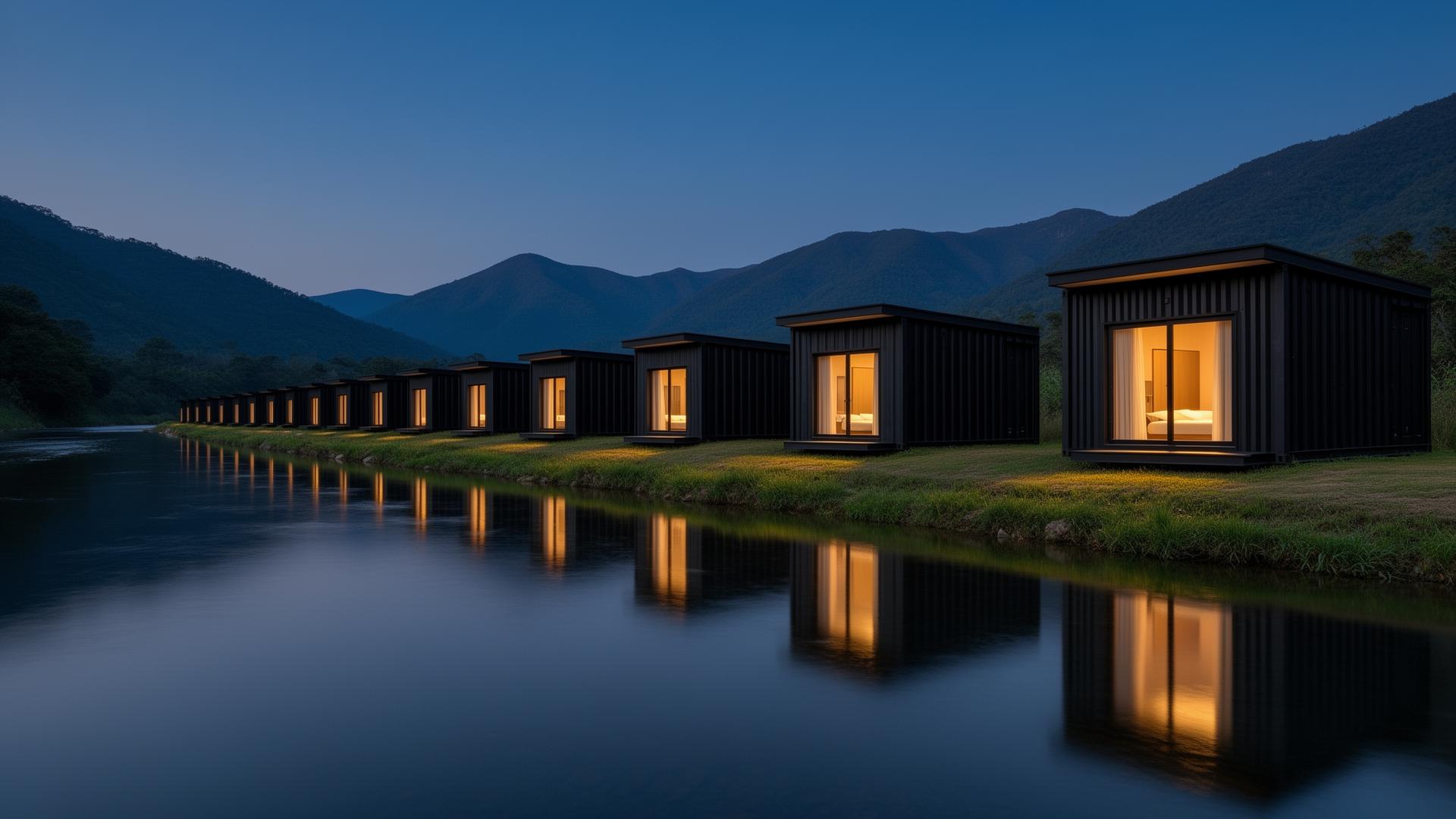 A row of SQUARED glamping cabins along a calm river at dusk