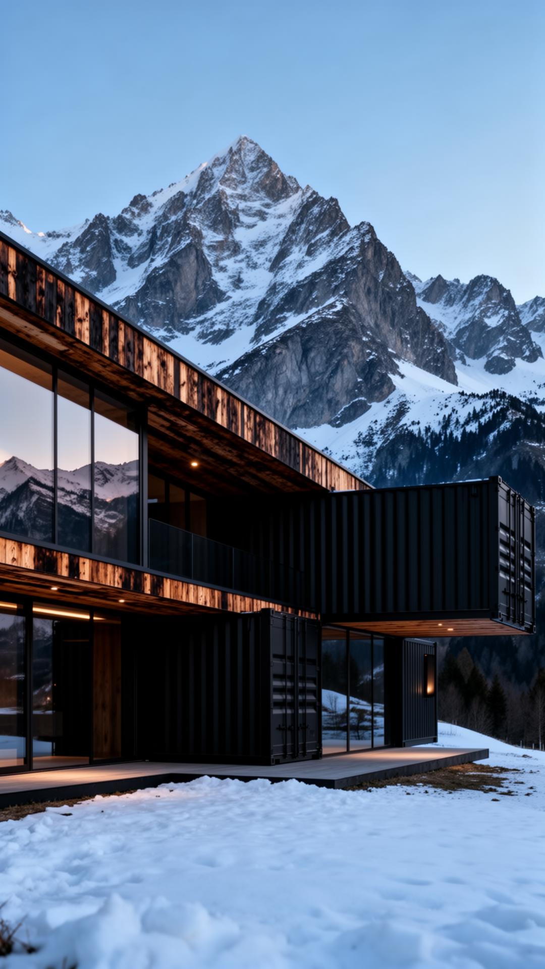 A SQUARED mountain home below a snow-capped peak