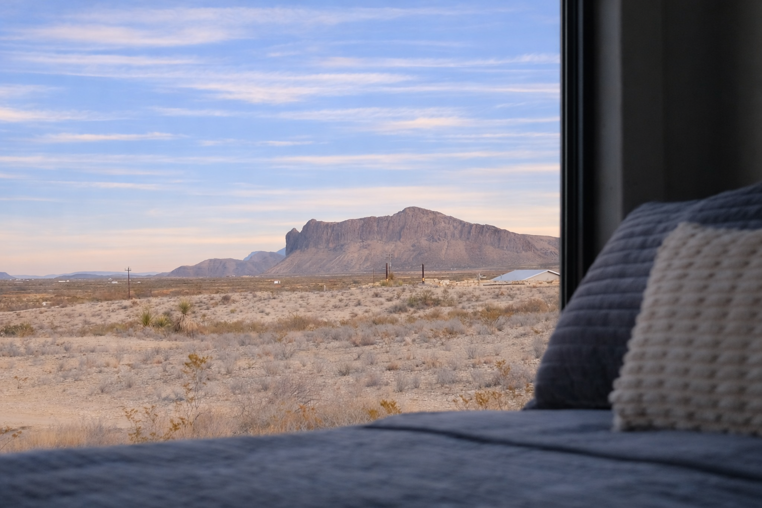 Big Bend mountain view from inside an OPENSPACE container home